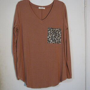 Zenana Blouse Large NWOT New Brown Animal Print Trim Velvety Soft